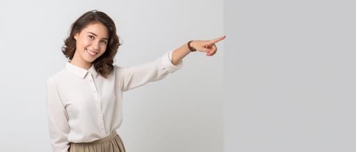 photography of a [happy] [white] [woman] in [age of 19] with [brown hair][pointing finger outstretched arm to the side], dressed in a [wearing dress], isolated on the left side on a [light gray] background, portrait stock style image, photo-realistic, high resolution, clear and crisp --ar 21:9 --s 45 --v 5.2 --style raw
