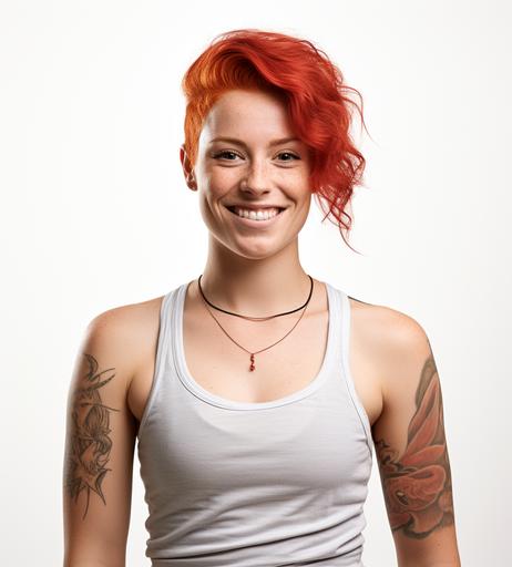 photography of a [happy] [white] [woman] in [age of 25] with [red hair] [exercise], dressed in a [ripped T-shirt Muscle Shirt, tattoos, tattoos], isolated on a [white] background, portrait stock style image, photo-realistic, high resolution, clear and crisp --ar 9:10 --s 45 --v 5.2 --style raw