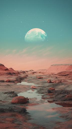 photography of a romanitic moon landscape (beige and rosee colors, acquamarine) textures --ar 9:16