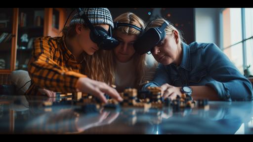 photography of the year, 3 people, an 18 year old beautiful daughter, two parents in their 40s, wearing conceptual slim profile vr headsets, living room table, dof, modern room, warmer lighting, they sit relatively close together, building a complex lego set with darker pieces, beautiful lego design sculpture, closer shot, heavy dof, looking slightly down, 80mm lens with dof, beautiful family, rainy windows in the background --ar 16:9 --s 50 --v 6.0