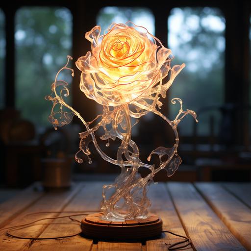 photography of the year, 3d printed translucent lamp, inspired by a frozen rose, wooden table, cables, wired --s 250