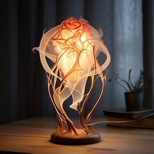 photography of the year, 3d printed translucent lamp, inspired by a frozen rose, wooden table, cables, wired --s 250