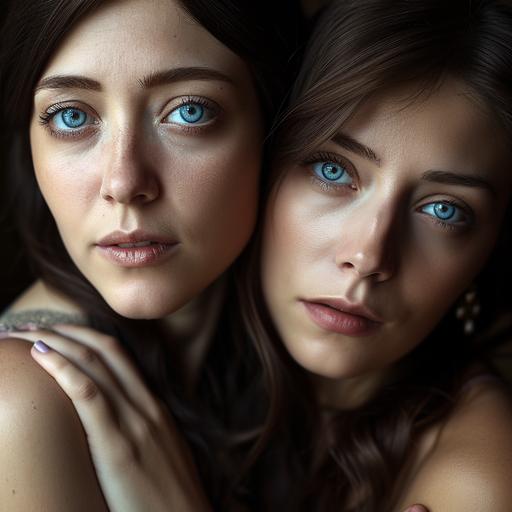 photography of two blue eyed caucasian women, in the their mid thirties, round faced brunette, beautiful, glossy skin  --s 50 --v 6.0