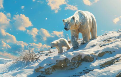 photography, polar bear walking leisurely with their cub along on a snowy hill, polar bear fur looks clear and detailed, light snow stuck to his body, sunny weather with blue skies, visible from a great distance, Snowy landscape, hyper realistic, intricate details, ultra hd 8k --ar 14:9 --v 6.0