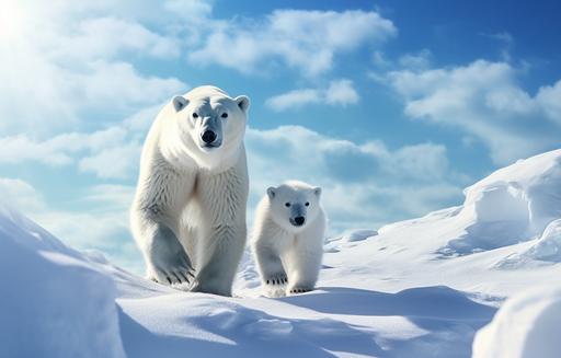 photography, polar bear walking leisurely with their cub along on a snowy hill, polar bear fur looks clear and detailed, light snow stuck to his body, sunny weather with blue skies, visible from a great distance, Snowy landscape, hyper realistic, intricate details, ultra hd 8k --ar 14:9 --v 5.2