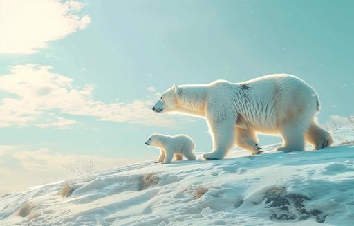 photography, polar bear walking leisurely with their cub along on a snowy hill, polar bear fur looks clear and detailed, light snow stuck to his body, sunny weather with blue skies, visible from a great distance, Snowy landscape, hyper realistic, intricate details, ultra hd 8k --ar 14:9 --v 6.0