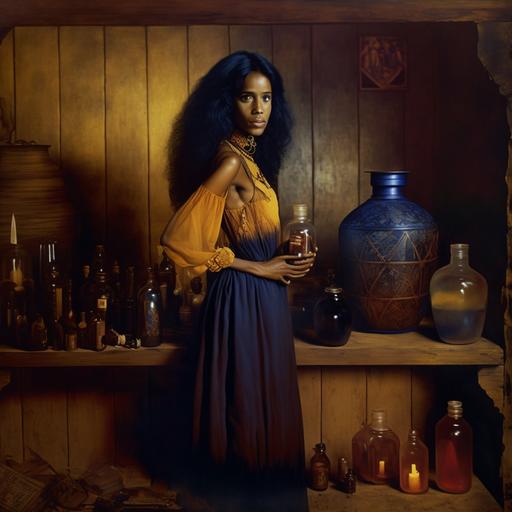 photography style of Alan Lee, Maxfield Parrish, Stuck, high angle forced perspective shot of Full body shot dynamic pose of Voodoo woman , female, tanned colored skin, looks of Denise Matthews aka Vanity, athletic, toned, dangerous, elegant,curvuous, exotic, long black hair in Cajun cabin with saffron and amber light and indigo shadows, choke full of jars with roots, strange creatures in the jars, all kinds of apothecary paraphernalia, grinder, vijzel, oils and herbs, dried herbs, mandrake roots, belladonna, nightshade, gator skin, mojo bags,lots and lots of antique candles , volumetric light,fireflies, incense smoke and wisps, lanterns, edge lighting rim lighting back lighting, saffron, amber, pinkish light, indigo and aubergine shadows and turquoise highlight,gorgeous, wisps of mist over the swampy surface and mangrove trees, roots gnarled and twisted, eerie eldritch Cajun atmosphere, warm colours, mystic, mysterious, alluring, hypnotising, thunderous baroque sky, full moon,   photos taken by hasselblad   incredibly detailed, sharpen, details   professional lighting, photography lighting   50mm, 80mm, 100m --v 4 --q 2