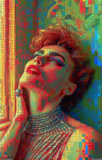 photonegative refractograph, Portrait of a 80s starlet, light and vanished orthonormal coordinate system of 8 - bit dots of painting, graphic fine pixel art: amstrad cpc   famicom and mastersystem   PC - Engine, 8 - bit colors, synthwave, a an apartment in miami beach with sea view, vanished light lithography background, light, light halftone dots, An ever - moving anaglyphic kaleidoscope aesthetic, minimal psychedelic art --ar 9:14 --stylize 350 --weird 20 --chaos 3 --v 6.0