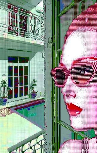 photonegative refractograph, Portrait of a 80s starlet, light and vanished orthonormal coordinate system of 8 - bit dots of painting, graphic fine pixel art: amstrad cpc   famicom and mastersystem   PC - Engine, 8 - bit colors, synthwave, a an apartment in miami beach with sea view, vanished light lithography background, light, light halftone dots, An ever - moving anaglyphic kaleidoscope aesthetic, minimal psychedelic art --ar 9:14 --stylize 350 --weird 20 --chaos 3 --v 6.0