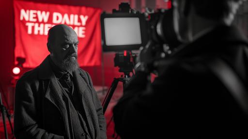 photonegative refractograph of Lenin being interviewed for a documentary. a red banner in the background reads 