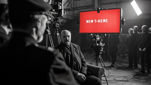 photonegative refractograph of Lenin being interviewed for a documentary. a red banner in the background reads 