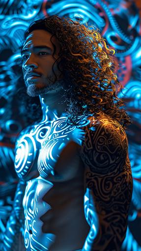 photonegative refractograph of a muscular polynesian male model with long lush curly hair, full-body, standing in front of hundreds of beautiful gay men with maori tattoos, cobalt, turquoise and orange, dramatic lighting, bottom lit and side lit, barbiecore, --c 8 --s 40 --ar 9:16 --v 6.0