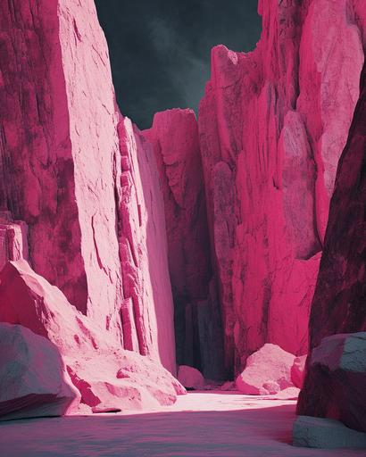 photonegative refractograph of surreal huge pink rock formations, bright sunlight and dark shadows, minimal figures --ar 4:5 --stylize 150 --v 6.0