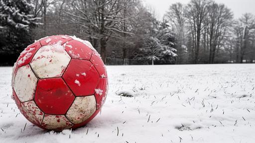 photonegative refractograph red and white soccer ball on a snow-covered field --ar 16:9 --v 6.0