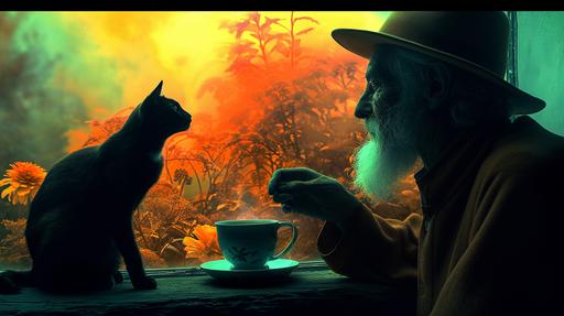 photonegative refractograph reflections    having a cup of coffee with my cat while the volcano pops off::3  an old man in a hat drinking a cup of tea, in the style of bold saturation innovator, alejandro jodorowsky, moody color schemes, photonegative refractograph, grandparentcore, bold-graphic, sharp focus, peter cross::1 --ar 16:9 --chaos 8 --stylize 477 --v 6.0 --style raw