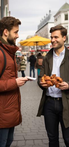 photorealisitc, man on the street interviewer asking a male passrby questions. The interviewer is holding a small tray of chicken wings --ar 9:19