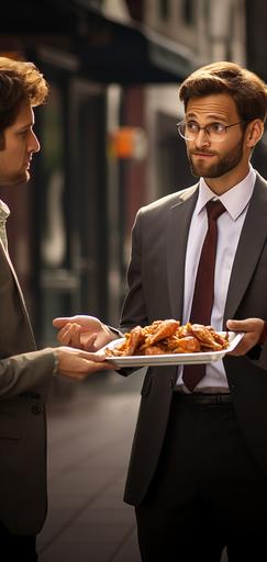 photorealisitc, man on the street interviewer asking a male passrby questions. The interviewer is holding a small tray of chicken wings --ar 9:19