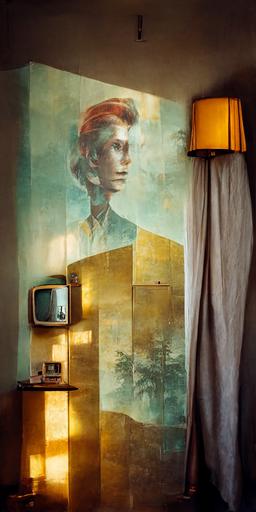 /photorealism medium format photography arca swiss, midground full body street-style environmental portrait of david bowie from Man Who Fell To Earth standing facing away::5 old 1980's hotel room suite in the american south with pale sage plaster walls and brass accents::4.1 many different sized old television sets stacked to form a wall of screens with bright light displays in multiple color temperatures::4 many half full glasses of water accumulating all around the room::2 moody low evening light beaming through retro pattened curtains and casting into room::3.1 corona render, octane render, redshift render, vray render, unreal engine, high detail, cinematic light, 16k, rule of thirds, environment --q 2 --ar 1:2 --s 1100