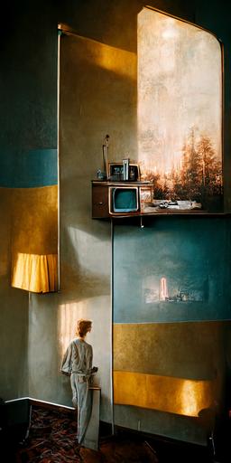 /photorealism medium format photography arca swiss, midground full body street-style environmental portrait of david bowie from Man Who Fell To Earth standing facing away::5 old 1980's hotel room suite in the american south with pale sage plaster walls and brass accents::4.1 many different sized old television sets stacked to form a wall of screens with bright light displays in multiple color temperatures::4 many half full glasses of water accumulating all around the room::2 moody low evening light beaming through retro pattened curtains and casting into room::3.1 corona render, octane render, redshift render, vray render, unreal engine, high detail, cinematic light, 16k, rule of thirds, environment --q 2 --ar 1:2 --s 1100