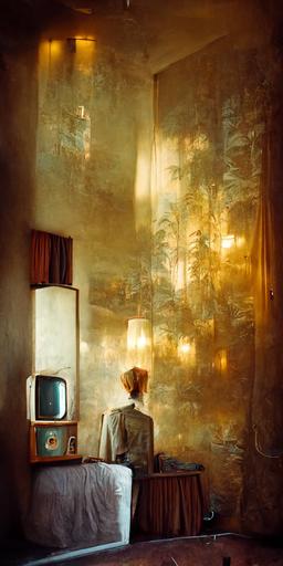 /photorealism medium format photography arca swiss, midground full body street-style environmental portrait of david bowie from Man Who Fell To Earth standing facing away::5 old 1980's hotel room suite in the american south with pale sage plaster walls and brass accents::4.1 many different sized old television sets stacked to form a wall of screens with bright light displays in multiple color temperatures::4 many half full glasses of water accumulating all around the room::2 moody low evening light beaming through retro pattened curtains and casting into room::3.1 corona render, octane render, redshift render, vray render, unreal engine, high detail, cinematic light, 16k, rule of thirds, environment --q 2 --ar 1:2 --s 1100