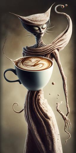 photorealistic 3d slender catsuit wearing witch holding a cup of latte with a small coffee tornado coming out of the latte art, soft tones, detail, whimsical, --ar 1:2
