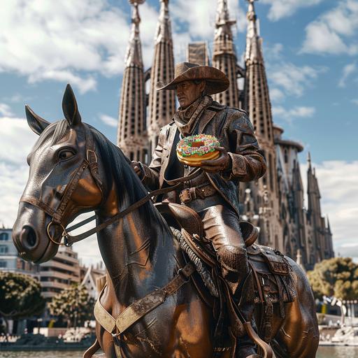 photorealistic 8k cowboy eating a donut with sprinkles riding a horse in front of the Sagrada Familia in Barcelona