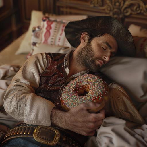 photorealistic 8k cowboy eating a donut with sprinkles sleeping in bed