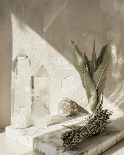 photorealistic, Creamy sage hues and color tones, with large clear quartz prism crystals, white dried sage bundle wrapped in twine and a feather on luxe marble table top, glass reflecting in the sun, cream color clay textured walls with sage green accents, minimal, hyperrealistic, house --ar 4:5