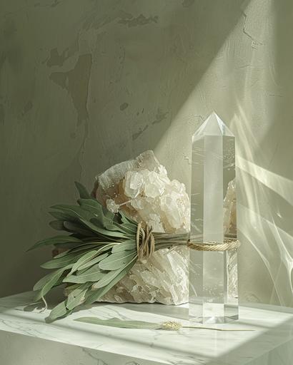 photorealistic, Creamy sage hues and color tones, with large clear quartz prism crystals, white dried sage bundle wrapped in twine and a feather on luxe marble table top, glass reflecting in the sun, cream color clay textured walls with sage green accents, minimal, hyperrealistic, house --ar 4:5