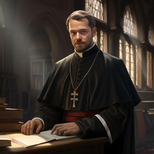 photorealistic IT guy in a priest costume. renaissance setting. at the end of the day