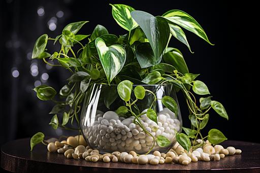 photorealistic Pearls and Jade Pothos in pot, promotional photo, plant shop photo, ultrarealistic, detailed, RTX, shot on Sony 7R, --ar 3:2