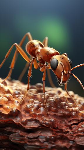 photorealistic ant close up going crazy and feeling sick with a thin spike growing out of its brain --ar 9:16