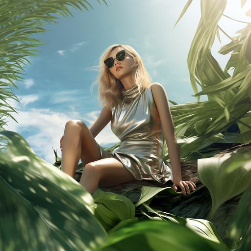 photorealistic blond fashion girl sunbathe sitting on giant tropical plant leave on the sea background