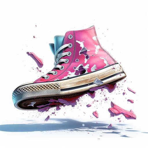 photorealistic cartoon disintegrating woman's sneaker with holes in shoe bottom, female toe busting out of shoe