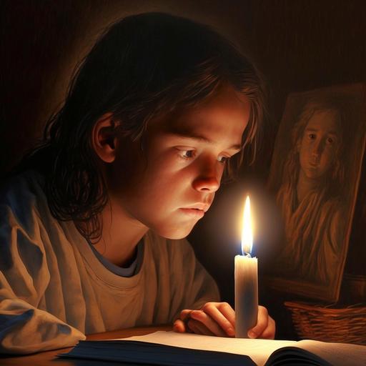 photorealistic, catechesis, teenagers, 13 years old, Jesus Christ, bible, candle, prayer