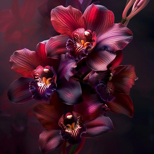 photorealistic close up image of exotic, dark red and purple orchid flowers