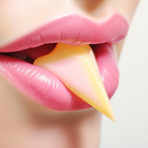 photorealistic close up of a pair of glossy pale pink lips, seen from side angle, framing a triangular wedge of soft yellow cheese, surrealism