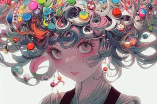 photorealistic colorful kawaii wormcore colorful anime medusa girls, colorful strings of eyeball-beads in hair    --niji 5 --ar 3:2 --v 4 --q 2