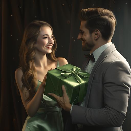 photorealistic, depict a girl giving a man a large green gift box