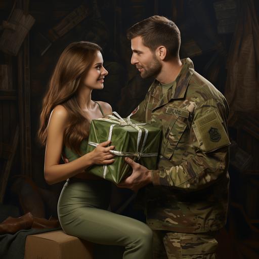 photorealistic, depict a girl giving a man in camouflage clothing a very large green gift box