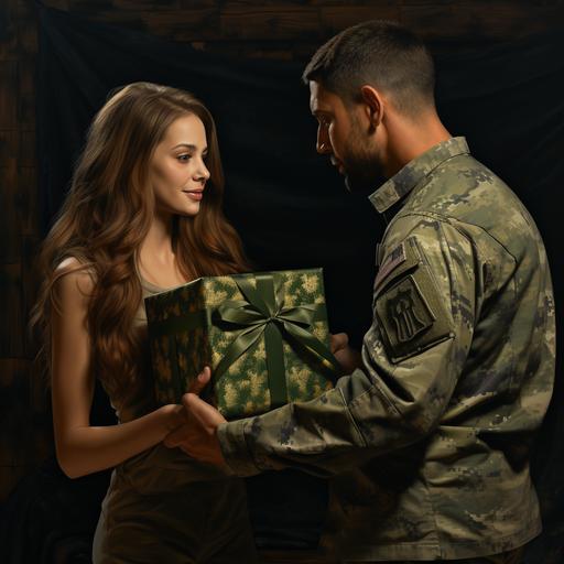 photorealistic, depict a girl giving a man in camouflage clothing a very large green gift box