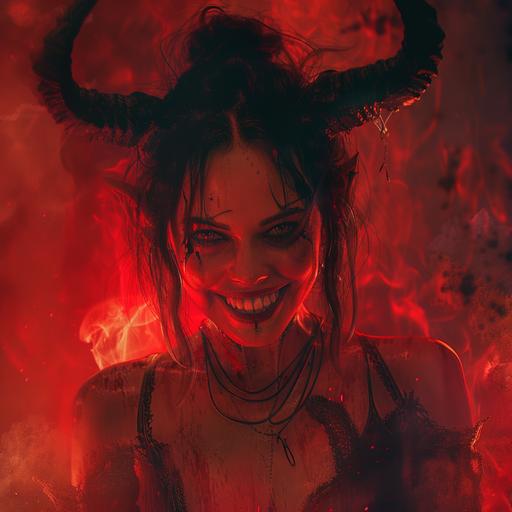 photorealistic, female traumatic demon, evil grin, black hair, horns, dressed in darkness, distorting the world around her in a red hue, wasteland background --v 6.0