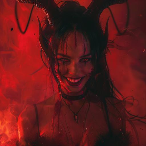 photorealistic, female traumatic demon, evil grin, black hair, horns, dressed in darkness, distorting the world around her in a red hue, wasteland background --v 6.0