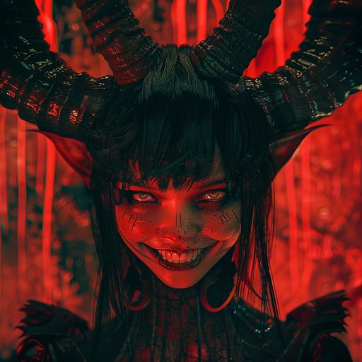 photorealistic, female traumatic demon, evil grin, black hair, horns, dressed in darkness, distorting the world around her in a red hue, wasteland background --v 6.0