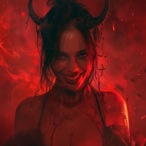 photorealistic, female traumatic demon, evil grin, black hair, horns, dressed in darkness, distorting the world around her in a red hue, wasteland background --v 6.0