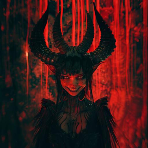 photorealistic, female traumatic demon, evil grin, black hair, horns, dressed in darkness, distorting the world around her in a red hue, wasteland background --v 6.0