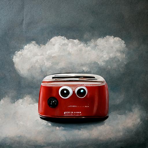 photorealistic, flying, red toaster with eyes in a cloudy sky