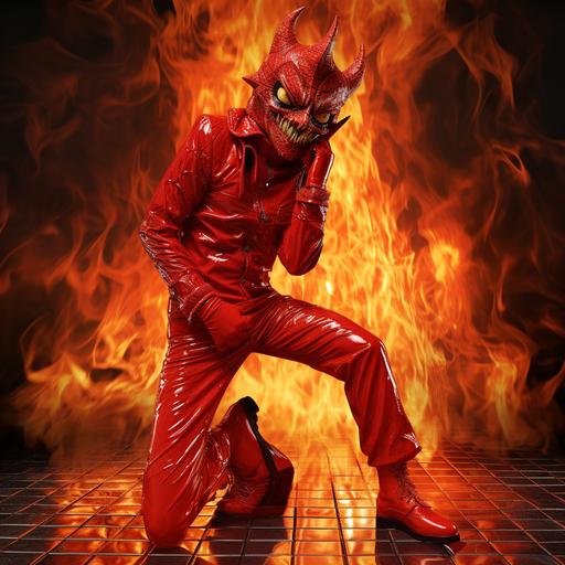 photorealistic, full body of person in a silly devil costume posing like a fun cute fashion model, one hand on hip and making a kissy pouty face, background is the fiery depths of hell