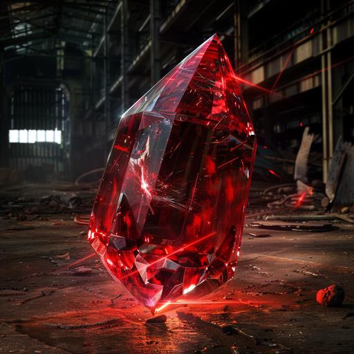 photorealistic, gem of dissociation, emitting dark red energy, distorting the vitrin around it, warehouse background --v 6.0