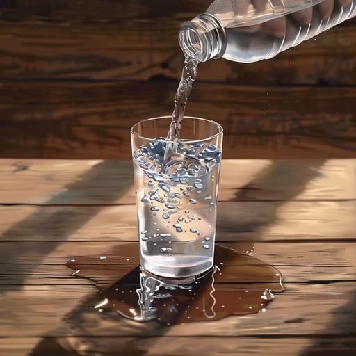 photorealistic glass full of water on wooden table standing in puddle, hand holding a bottle pours water into glass, water is poured out the glass